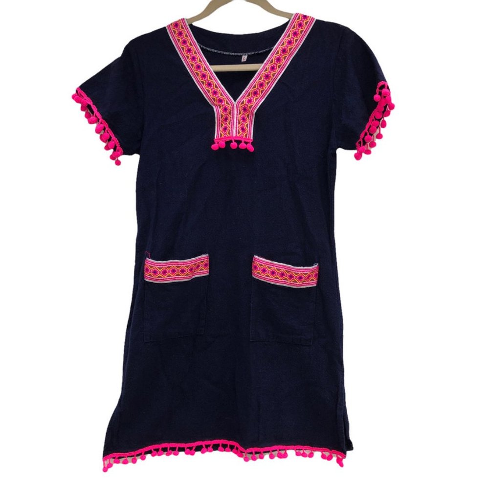 Navy Blue Hot Pink Crinkle Cotton pom pom embroidered tirm tunic dress L…